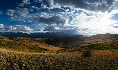 Kurai steppe and North-Chui ridge on background. Altai mountains, Russia.
