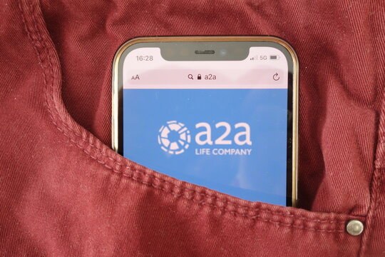 KONSKIE, POLAND - August 17, 2021: A2A S.p.A. Company Logo On Mobile Phone Hidden In Jeans Pocket