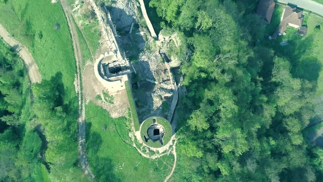 Bologa, Cluj/Romania-05.20.2019-Aerial view over Bologa fortress-a settlement from the time of the Roman Empire when it was called Resculum.The fortress is in the process of renovation with EU fonds