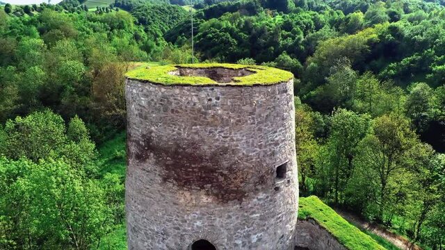 Bologa, Cluj/Romania-05.20.2019-Aerial view over Bologa fortress-a settlement from the time of the Roman Empire when it was called Resculum.The fortress is in the process of renovation with EU fonds
