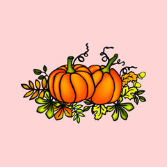 Pumpkin with autumn leaves  hand drawn ilustration for fall hollyday