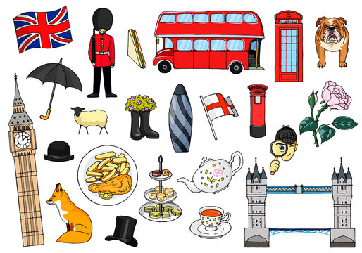 England symbols set. England and London tourist landmarks, national symbols and food illustration. Vector illustration.