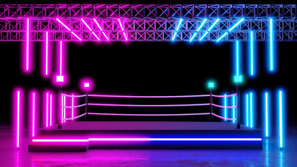 boxing ring with neon lighting background with blank platform for concert or product placement. 3D rendering.