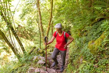 old lady hiking with trekking pole and backpack through a mountain forest
