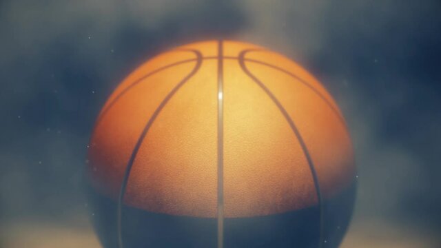 Animation of basketball slowly rolling towards camera. Basketball rolling into spotlight	
