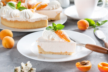 Portion of layered cheesecake with apricot on light background. Apricot tart. Fruit pie.