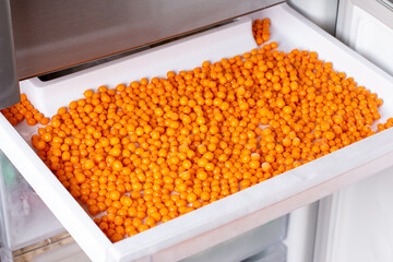 Frozen sea buckthorn. Frozen berries in the freezer.