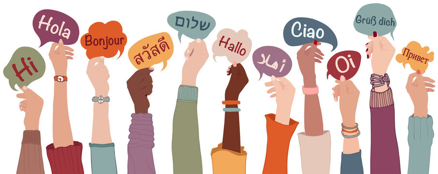 Raised arms and hands of multiethnic people from different nation country and continents holding speech bubbles with text -hallo- in various international languages.Communication.Equality