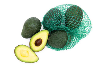 Open mesh bag with fresh hass avocados isolated on white
