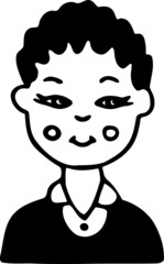 Cartoon avatar of Asian high school student wearing uniform black pullover, white shirt. Portrait of handsome smiling curly-haired young man of brunette. Friendly character for kids educational icons.