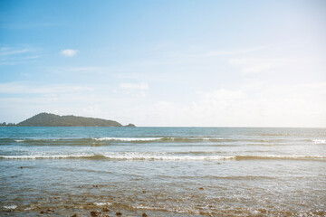 Fototapeta na wymiar Beach with blue sky.island in the bay