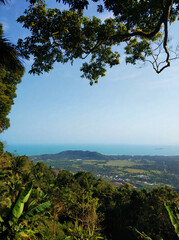 Panoramic view from the highest point of the tropical island. Island valley landscape