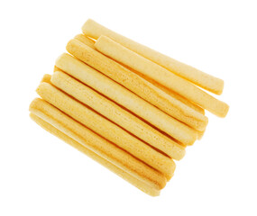 Overhead view of a group of crunchy breadsticks isolated on a white background.