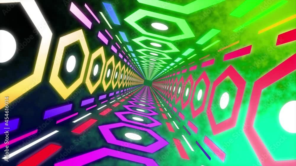 Poster flying through the psychedelic colorful tunnel, seamless loop. motion. hexagonal technological tunne