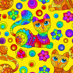 Seamless pattern with bright cats and flowers in stained glass style on a yellow background