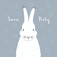 Cute cartoon arctic hare portrait, quote Snow baby. Hand drawn vector illustration. Winter animal character. Arctic wildlife. Design concept for kids fashion print, poster, baby shower, card. © Maria Skrigan