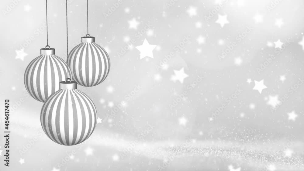 Poster silver white christmas baubles with line pattern swing on a string with dots and stars bokeh and sno