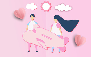 Design for Valentine's day festival on pink background. illustration. Paper art style.