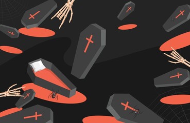Trick or treat Halloween party backdrop. Coffins, spiders, and skeletons hands vector flat cartoon illustration on black background. Happy Halloween banner background with open sarcophaguses.