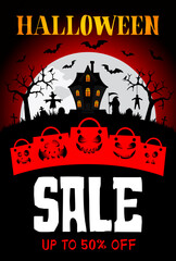 Halloween sale banner design with 50 Discount. Templates of poster with terrible house. Halloween greeting card scary funny packages. Vector illustration