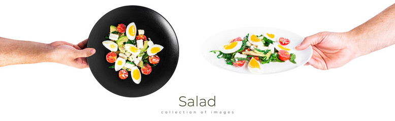 Salad of arugula, avocado, cherry tomatoes and eggs isolated on a white background. Green salat. Vegetarian salad.