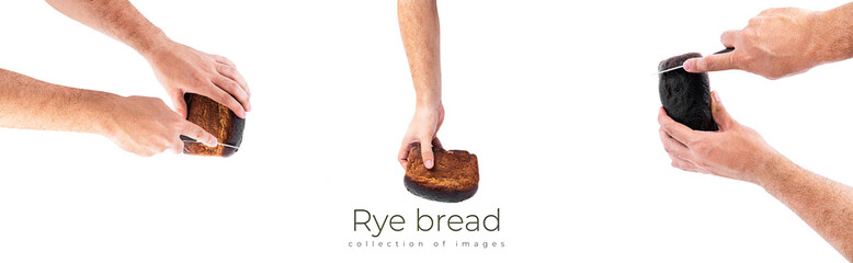 Rye bread in hands isolated on a white background.