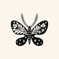 Night moth cute illustration art print, ornate butterfly.
