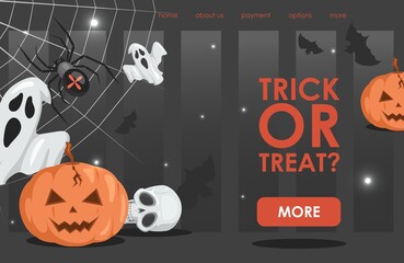 Trick or treat vector flat cartoon landing page template with text. Halloween scary party webpage concept with ghosts, ugly pumpkins, spiders, skulls, and bats. Halloween event banner design.
