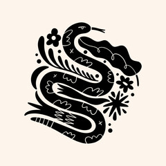 Boho snake art print, minimalist contour design.