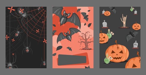 Set of three Halloween invitation cards design. Scary spiders on webs, bats, poisons, graves, and ugly pumpkins vector flat cartoon illustration. Trick or treat Halloween party poster concept.