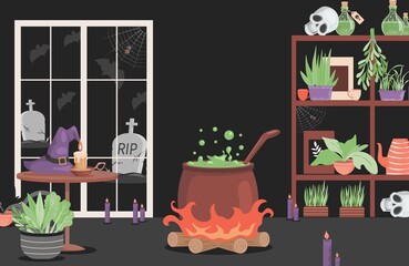 Interior of the house of evil witch vector flat cartoon illustration. Preparing poison in the pot, shelves with magical items, skulls, poisons, plants. Scary interior for Halloween party card design.