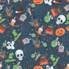 Halloween seamless pattern. Ugly and scary skulls, witch hats, poisons, spiders on web, skeletons, bats, and pumpkins on blue background. Trick or treat Halloween party vector flat cartoon backdrop.