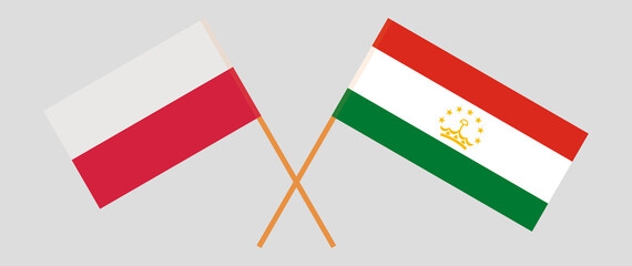 Crossed flags of Poland and Tajikistan. Official colors. Correct proportion