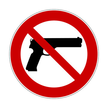 No guns sign. Vector illustration of red crossed out circle sign with pistol icon inside. Weapons not allowed prohibition symbol. Gun free zone pictogram.