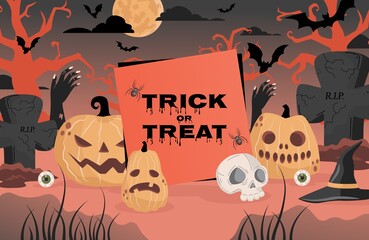 Trick or treat Halloween party poster design with space for text. Gravestones, scary trees, witch hats, bats, and skull vector flat cartoon banner concept. Invitation card template.