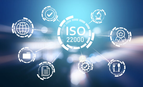 International Organization for Standardization (ISO 22000). Different virtual icons on blurred background