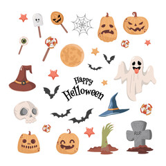 Happy Halloween party vector flat cartoon card design with text space. Ghost, witch hat, stars, candies, human eyes, skull, bats, zombie hand, and pumpkin heads isolated on white background.