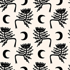 Cute Scandinavian moon flowers seamless pattern. Folk rural rustic fairytale style, hygge and lagom design. Nordic scandi decor elements.