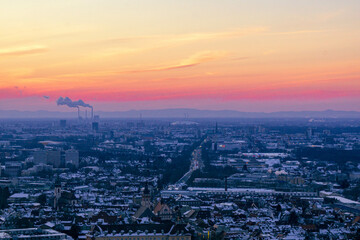 aerial view of the city Karlsruhe at sunset in winter