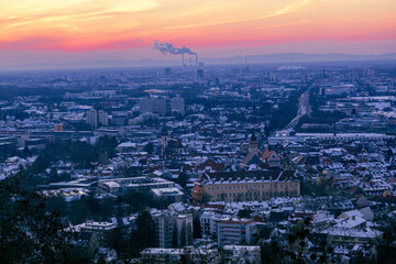 Fototapeta na wymiar aerial view of the city Karlsruhe at sunset in winter