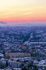 aerial view of the city Karlsruhe at sunset in winter