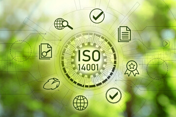 International Organization for Standardization (ISO 14001). Different virtual icons on blurred green background - obrazy, fototapety, plakaty
