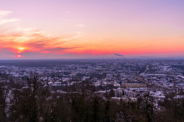 aerial view of the city Karlsruhe at sunset in winter