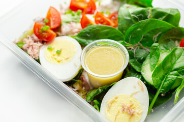 Healthy salad in the plastic food box, potato salad with hard boiled egg, shredded ham, cucumber, tomatoes, lettuce and spinach with a honey and mustard dressing pot