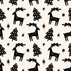 Christmas tree elm and deer simple scandi seamless pattern design. Graphic trees shapes, minimal Noel decor.