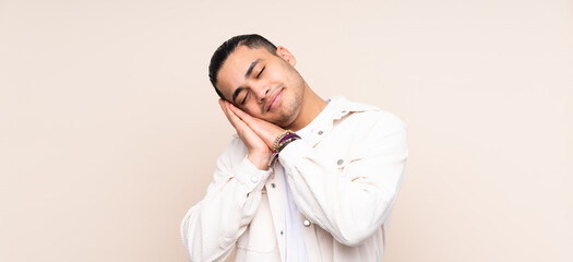 Asian handsome man over isolated background making sleep gesture in dorable expression