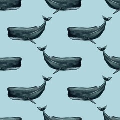 Watercolor Sperm Whale seamless pattern. Blue background 