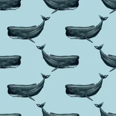 Wallpaper murals Ocean animals Watercolor Sperm Whale seamless pattern. Blue background 