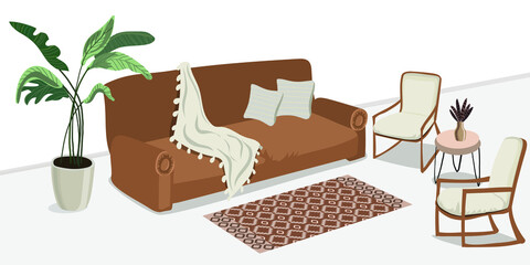 White minimalistic interior in Boho style. A sofa, a blanket and two pillows, a houseplant, two armchairs and a table.