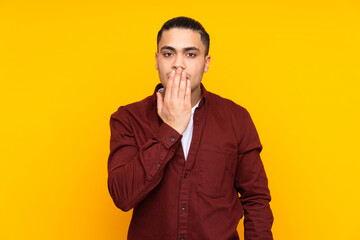 Asian handsome man isolated on yellow background with surprise expression